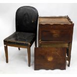 AN ANTIQUE ELM COMMODE with a galleried top (AF) 54cm wide together with a studded leather
