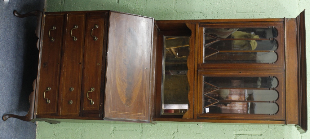 AN EDWARDIAN LINE INLAID MAHOGANY SECRETAIRE BOOKCASE fitted with mirror back and astragal glazed