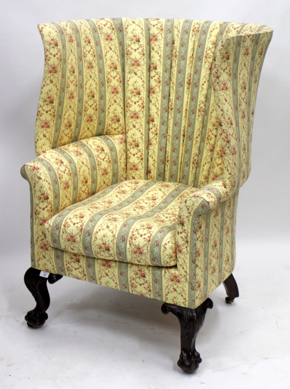 A HOWARD & SONS HIGH BACKED CHAIR standing on ball and claw feet, marked on rear leg 78340 - Image 2 of 2