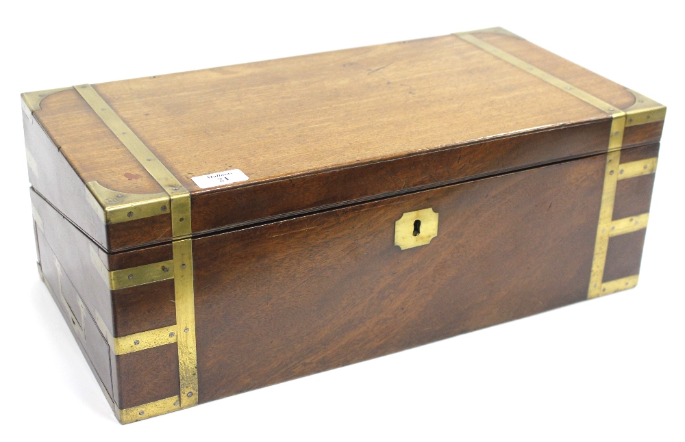 A 19TH CENTURY MAHOGANY AND BRASS BOUND CAMPAIGN WRITING SLOPE 50cm wide