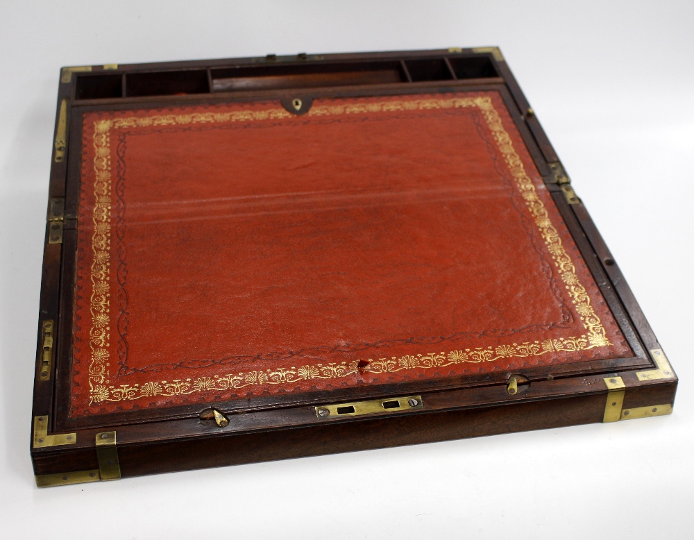 A 19TH CENTURY MAHOGANY AND BRASS BOUND CAMPAIGN WRITING SLOPE 50cm wide - Image 2 of 2