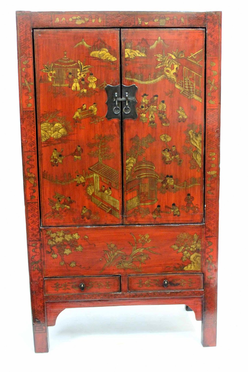 A 20TH CENTURY CHINESE RED LACQUERED CABINET with twin doors above two short drawers 85cm wide x