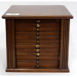 A 19TH CENTURY MAHOGANY COIN COLLECTORS OR SPECIMEN SET OF DIVIDED DRAWERS, 20cm wide x 18cm high