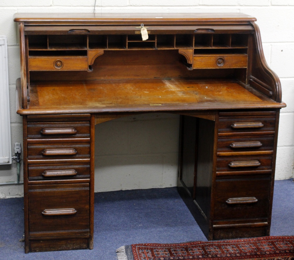 A 19TH CENTURY MAHOGANY ROLL TOP DESK, 132cm wide x 114cm high x 88cm deep together with a - Image 2 of 2