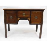 A LATE 19TH / EARLY 20TH CENTURY MAHOGANY CHEVRON INLAID SIDEBOARD, standing on square legs, 108cm x