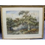 JOHN FULLWOOD (1854 - 1931) 'A path through oak trees on a heath', watercolour, signed lower