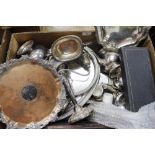 VARIOUS EPNS AND SILVER PLATED WARES including three branch candelabras, galleried trays, pedestal