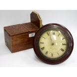 A 19TH CENTURY PAINTED PINE TOBACCO MONEY BOX, 23cm wide together with a postman's alarm clock (2)