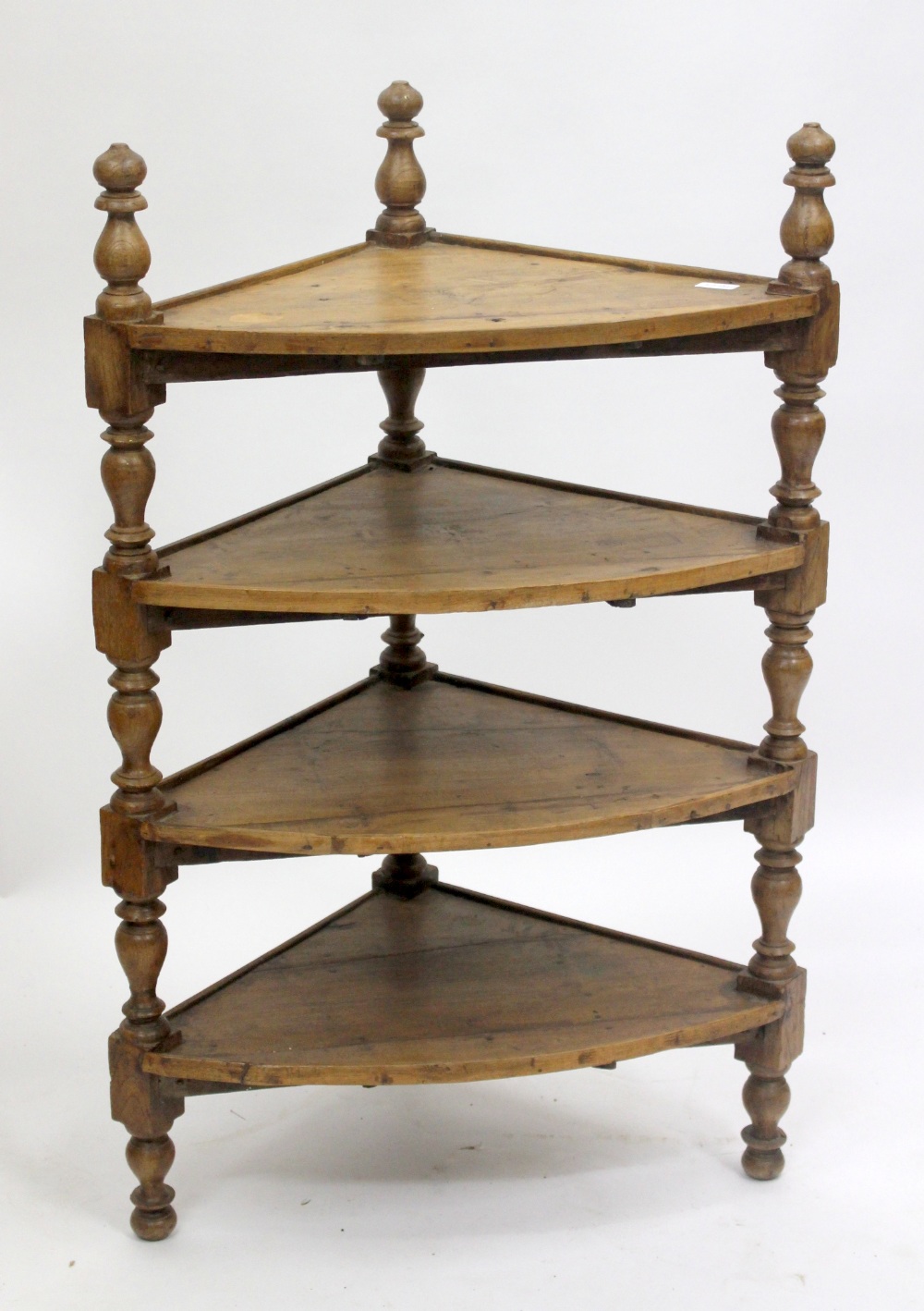 A VICTORIAN / EARLY 20TH CENTURY PINE SHAPED CORNER WHATNOT, 67cm approximately wide x 106cm high