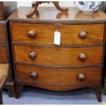 AN EARLY VICTORIAN MAHOGANY BOW FRONTED CHEST OF THREE DRAWERS, 91cm high x 92cm wide x 49cm deep