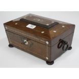 A WILLIAM IV MAHOGANY LINE INLAID WORKBOX and a silver handled shoe horn (2)