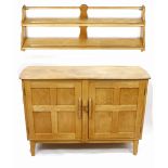 AN ERCOL STYLE LIGHT ELM SIDEBOARD, 122cm wide together with an Ercol light elm plate rack