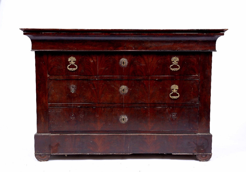 AN EMPIRE MAHOGANY FOUR DRAWER COMMODE (marble top and some fittings lacking) 132cm wide x 89.5cm