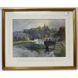 EVA MARSH (20TH CENTURY ENGLISH SCHOOL) A continental river scene, watercolour, signed lower left,