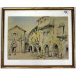 20TH CENTURY SCHOOL WATERCOLOUR DEPICTING A CONTINENTAL SQUARE, indistinctly signed, 25cm x 35cm;