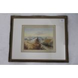 A 19TH CENTURY WATERCOLOUR OF A HORSE AND RIDGE AND COMPANION ON A BLUFF OVERLOOKING A RIVER, 21cm x