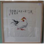 A PAIR OF MODERN CHINESE PAINTINGS OF CHICKENS, 34.5cm x 33cm (2)
