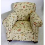 AN EDWARDIAN NEWLY UPHOLSTERED ARMCHAIR, 81cm wide x 87cm deep