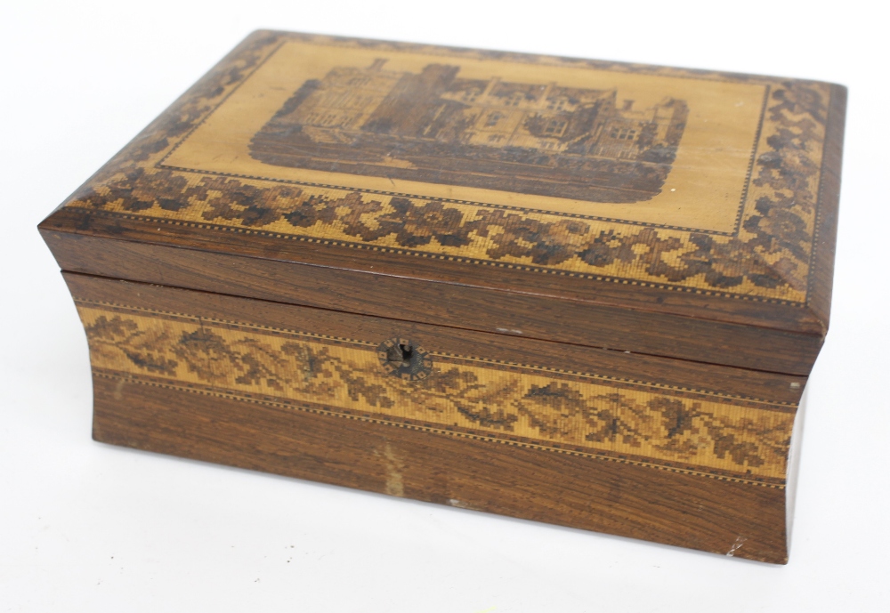 A VICTORIAN ROSEWOOD TUNBRIDGE WARE DECORATED JEWELLERY BOX, the lid decorated with a view of a