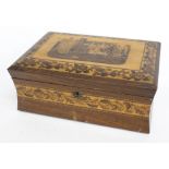 A VICTORIAN ROSEWOOD TUNBRIDGE WARE DECORATED JEWELLERY BOX, the lid decorated with a view of a