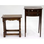 AN ANTIQUE OAK JOINT STOOL and an Edwardian mahogany side table fitted with two frieze drawers (2)