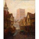 E* BARRELL (19TH CENTURY) Figures in a cobbled street with tower, signed, oil on canvas, 49cm x
