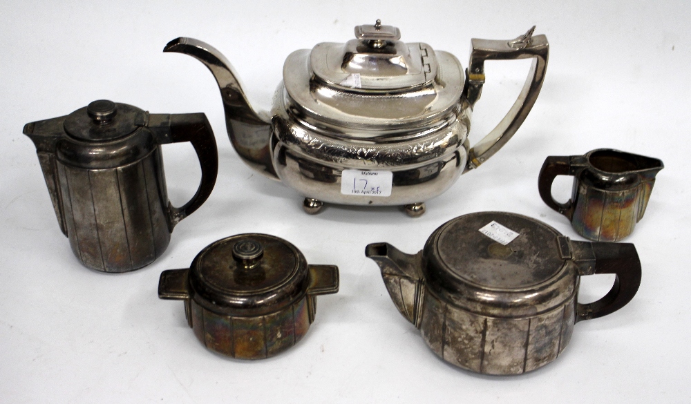 A FRENCH ART DECO WHITE METAL TEA SET to include tea pot, water jug, milk jug and sugar bowl, the