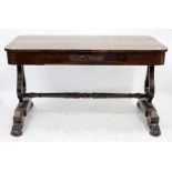 A VICTORIAN ROSEWOOD CENTRE TABLE with single frieze drawer with carved decoration, on lyre shaped