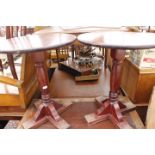 A 19TH CENTURY MAHOGANY DROP LEAF DINING TABLE, a pine rectangular centre table, two circular topped