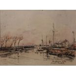 JACQUES LEUDET (20TH CENTURY) 'The Quiet Harbour Side', signed, inscribed and dated 'Honfleur 1932',