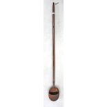 AN ANTIQUE COPPER AND MAHOGANY LONG HANDLED COLLECTION BOX 139cm wide