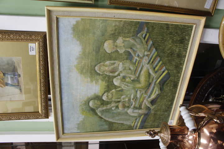 A STELLA BROWN entitled 'Little Picnic', mid 20th Century oil on board, signed lower left hand