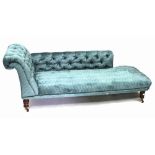 AN EDWARDIAN CHAISE LONGUE with new turquoise button upholstery, 176cm in length