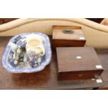 A VICTORIAN WALNUT JEWELLERY BOX together with a rosewood jewellery box, a Doulton blue and white