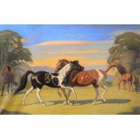 CIRCLE OF DORIS ZINKEISEN (1898-1991) Horses in a pasture, oil on canvas, 49cm x 75cm