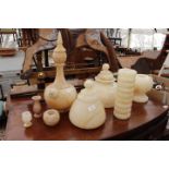 A SELECTION OF ALABASTER MARBLE EFFECT STANDS including an umbrella stand, a miniature vase, an