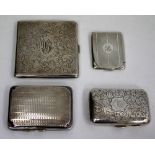 FOUR SILVER CARD/CIGARETTE CASES with engraved and engine turned decoration (4)