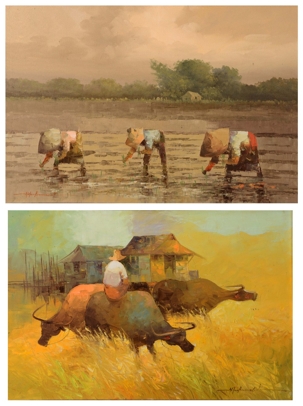 ALFREDO BUENAVENTURA (1942-1982) 'The Paddy Field Workers' and 'Farmer with Cattle', a pair, signed,