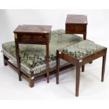 A VICTORIAN MAHOGANY FRAMED FOOTSTOOL OR LOW CHAIR, a piano stool, a pair of burr yew wood converted