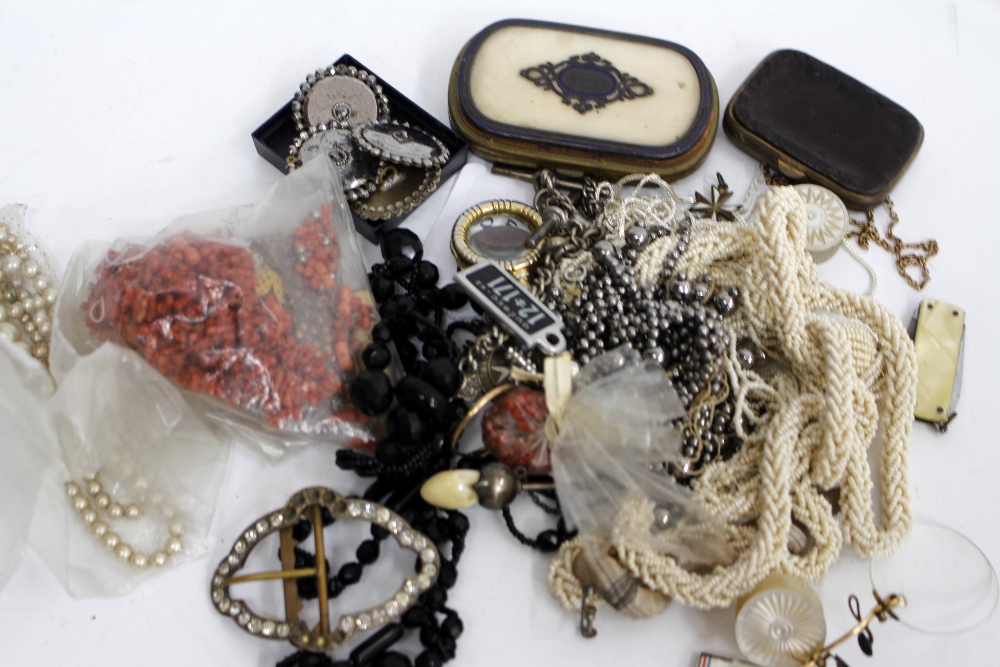 A SMALL GROUP OF PASTE JEWELLERY, a silver watch chain etc