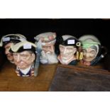 FIVE ROYAL DOULTON CHARACTER JUGS to include 'Night Watchman D6569', 'Guardsman', 'Captain Henry