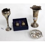 A BIRMINGHAM SILVER SPILL VASE a Birmingham silver pierced bon bon dish, pepperettes etc.,