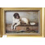 A MID TO LATE 19TH CENTURY OIL ON CANVAS of a dog, after Landseer, unsigned 19cm x 29cm