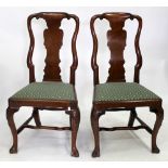 A PAIR OF QUEEN ANNE STYLE MAHOGANY DINING CHAIRS with vase shaped splats, on shell carved