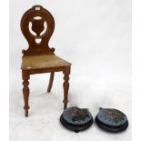 TWO VICTORIAN CIRCULAR BEADED FOOTSTOOLS 27cm diameter, and a hall chair (3)