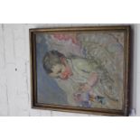AN EARLY TO MID 20TH CENTURY SCHOOL HALF LENGTH PORTRAIT of a baby boy holding a rattle, oil on
