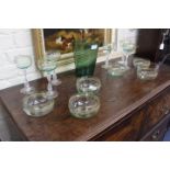 A SET OF SIX EARLY 20TH CENTURY HOCK GLASSES with faceted cut glass hollow stems and green glass