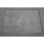 J F TAYLOR PENCIL SKETCH OF HUNTSMAN AND HOUNDS IN A WOOD, signed lower left, 19cm x 24cm