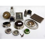 A SELECTION OF BIRMINGHAM SILVER PHOTO FRAMES, silver plated flasks and pin trays and a Birmingham