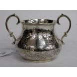 A VICTORIAN LONDON SILVER TWO HANDLED SUGAR BASIN with foliate engraved decoration and blank